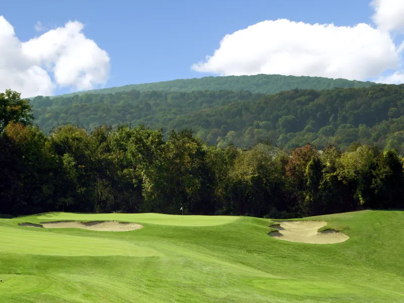 A view of the mountains from the fairway at Minerals Golf Club at Crystal Springs Resort